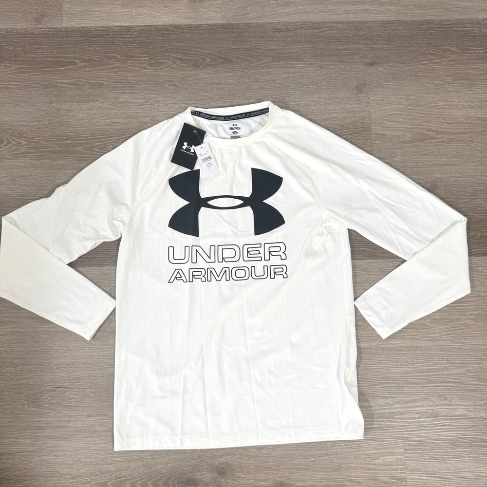 NWT Under Armour Long Sleeve Shirt Mens Small White HeatGear Logo 1396877